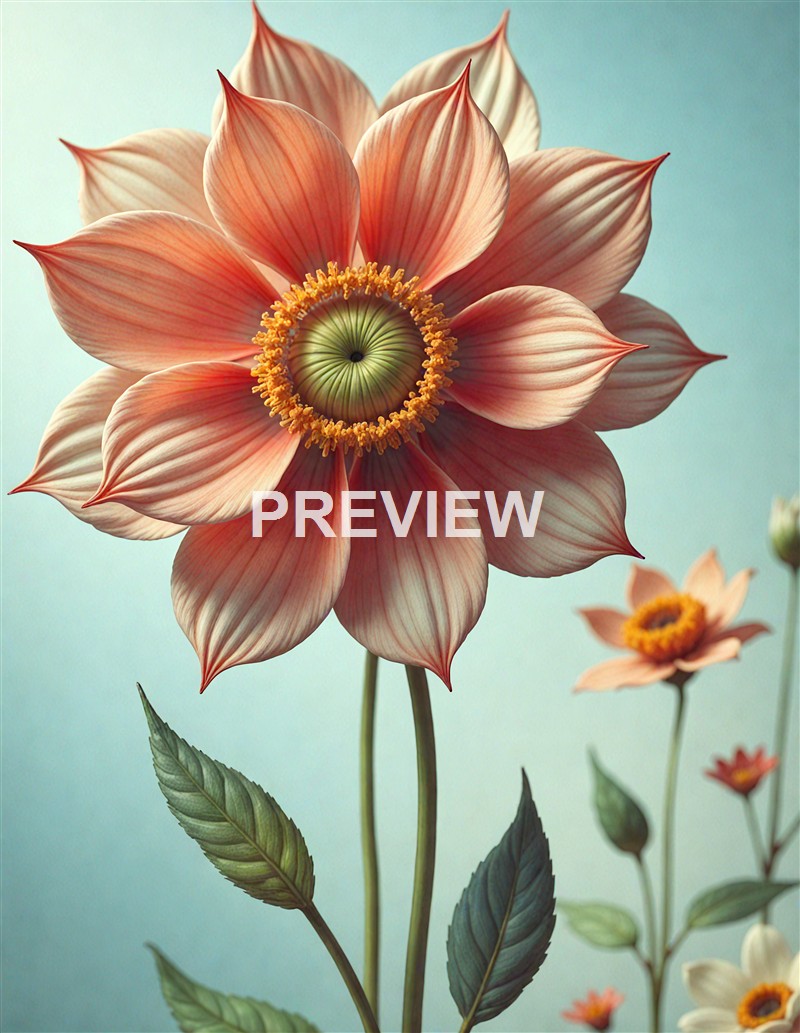 A close-up of a large, pinkish-orange flower with layered petals, a green and yellow central disc, and green leaves against a soft, light background.